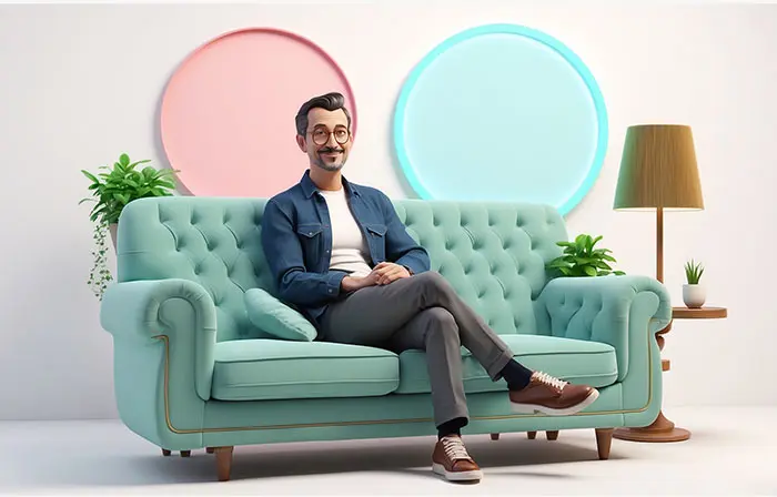 Man Resting on a Teal Couch 3D Character Design Art Illustration